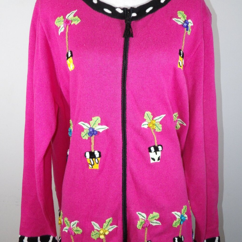 Just B Pink Sequined Beaded Flower Zip Up Cardigan Sweater Size Large - Picture 3 of 7